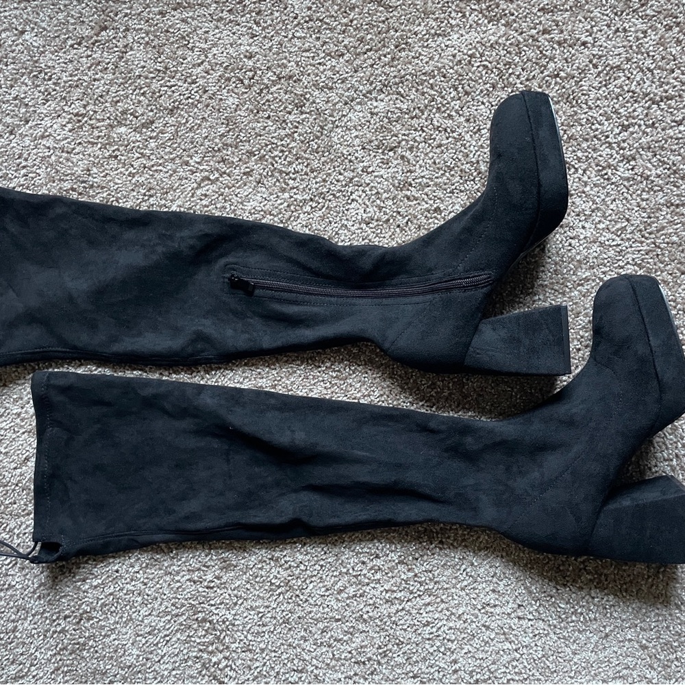 Shein Black Suede Form Fitting Tie-back Side Zip Women's Knee-High Boots